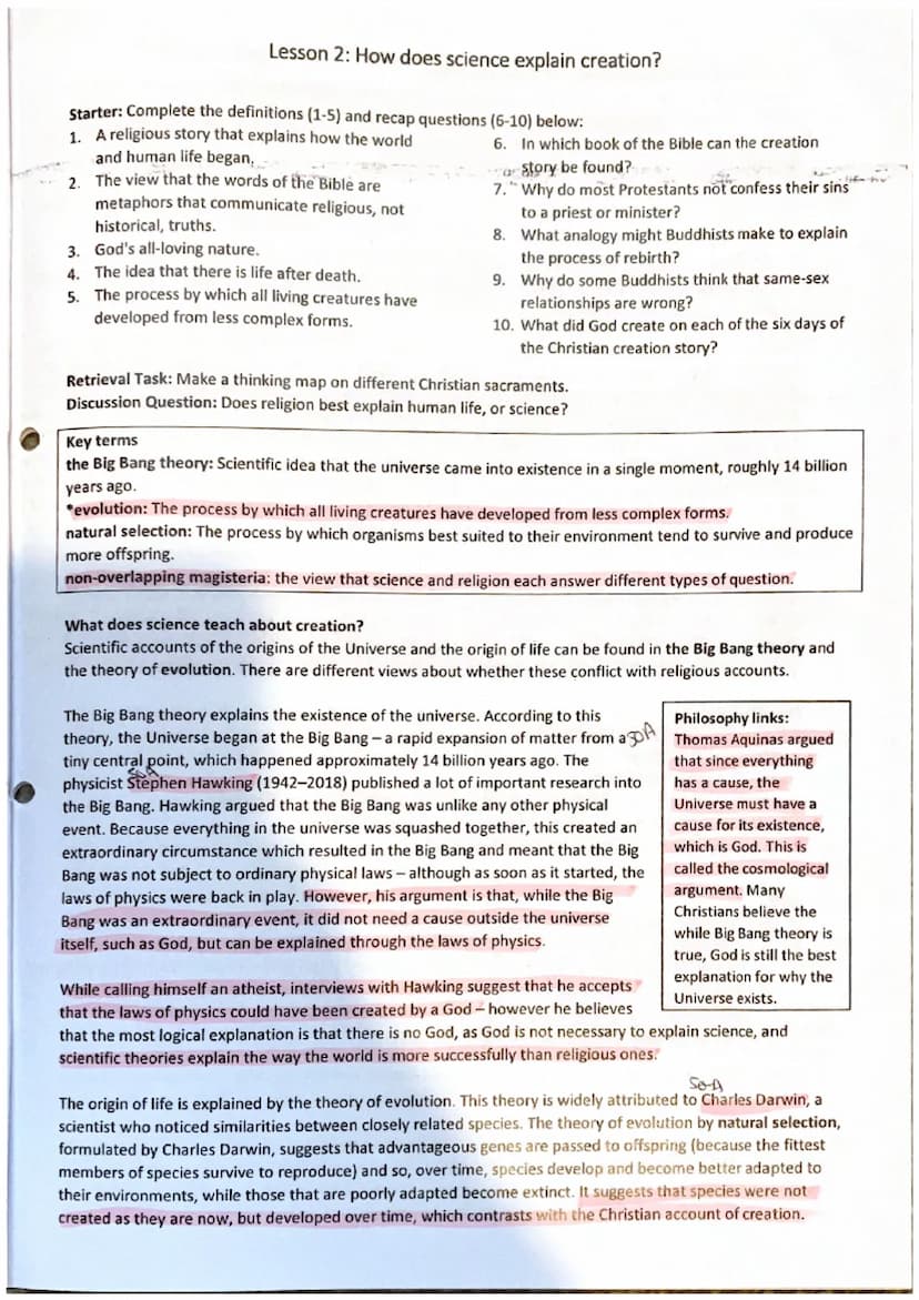 Lesson 1: What are religious beliefs about creation?
Starter: Complete the definitions (1-5) and recap questions (6-10) below:
1. The proces