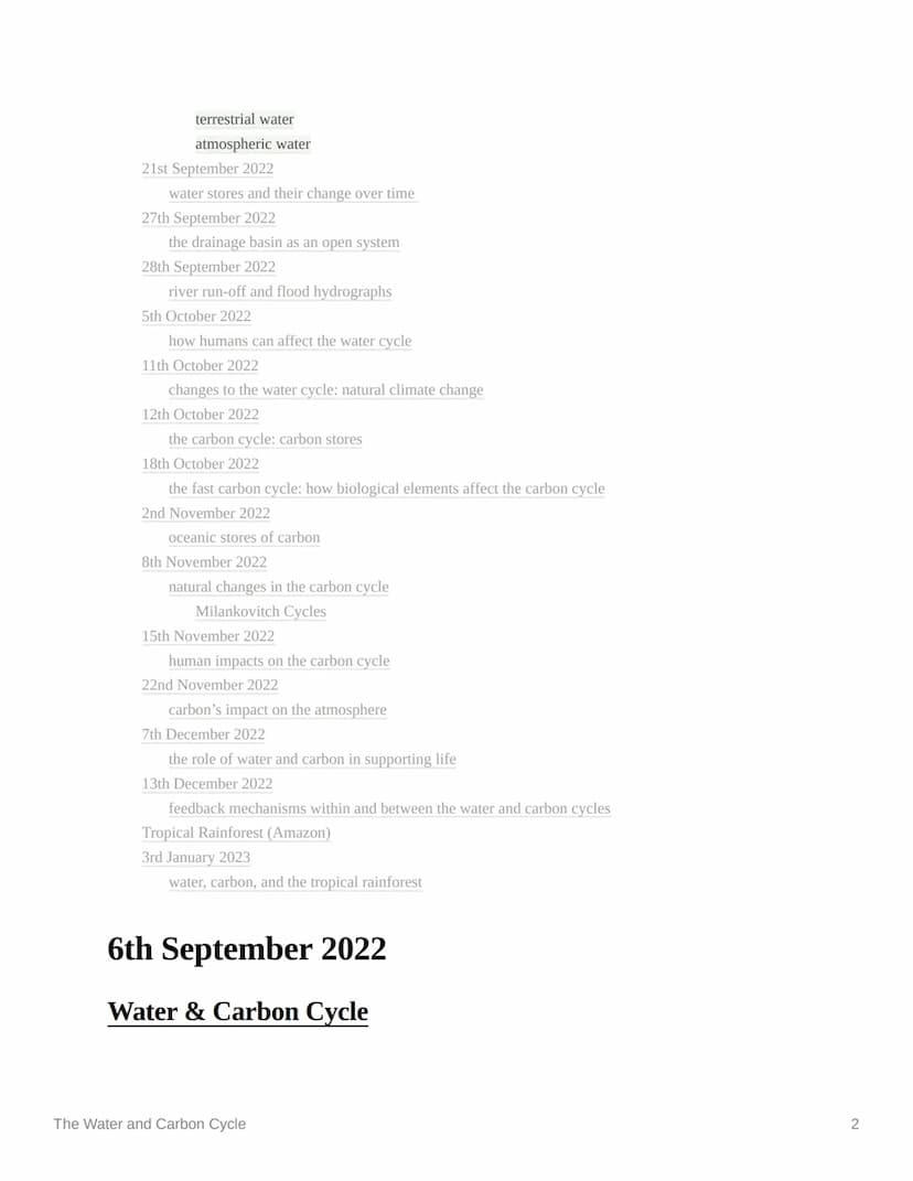 **
The Water and Carbon Cycle
Ⓒsubject
physical geography
Last edited time @January 9, 2023 5:45 PM
deadline
Enotes
status
▼ contents
© type