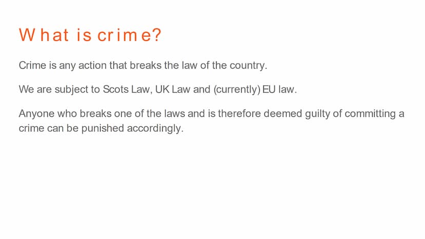 
<h2 id="thenatureofcrime">The Nature of Crime</h2>
<p><strong>What is crime?</strong><br />
Crime is any action that breaks the law of the 