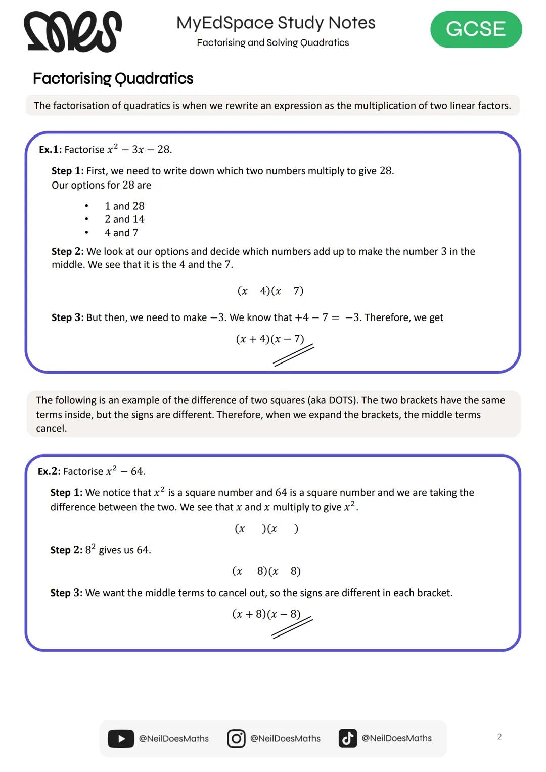 myedspace.co.uk
MATHS
Study Notes
Factorising and Solving
Quadratics
GCSE
mores mes
Factorising Quadratics
The factorisation of quadratics i