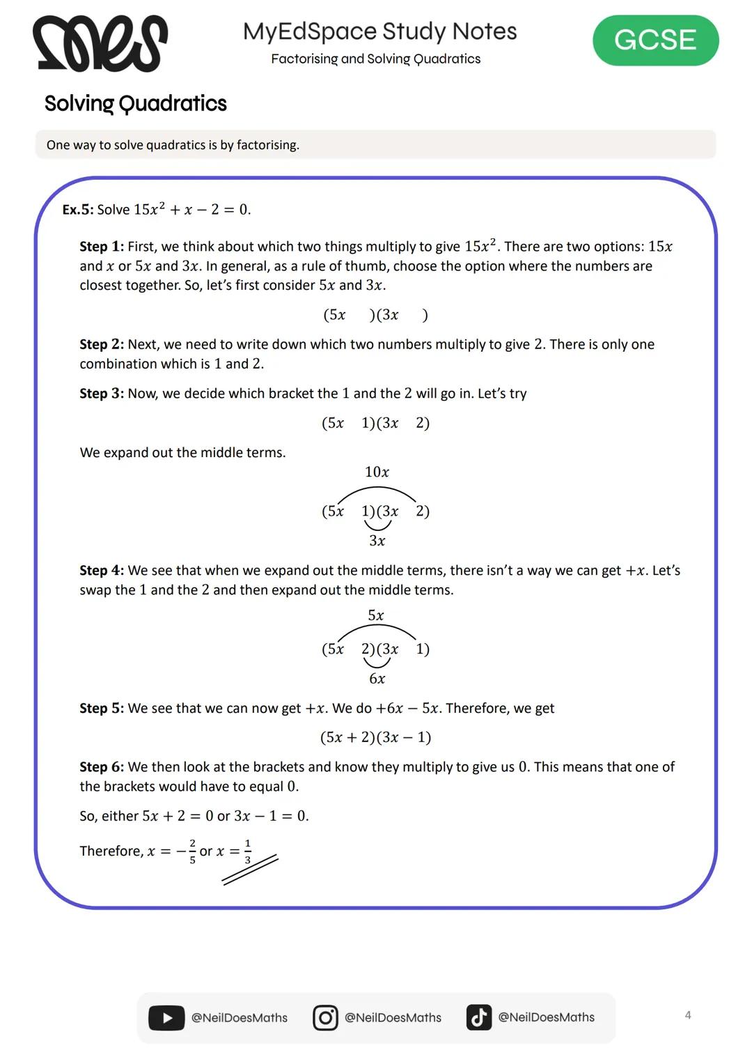 myedspace.co.uk
MATHS
Study Notes
Factorising and Solving
Quadratics
GCSE
mores mes
Factorising Quadratics
The factorisation of quadratics i