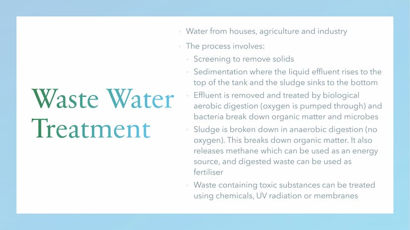 Water Treatment Potable Water
Water that is safe to drink
Saltwater is treated using reverse osmosis
or flash distillation, but these are
ex