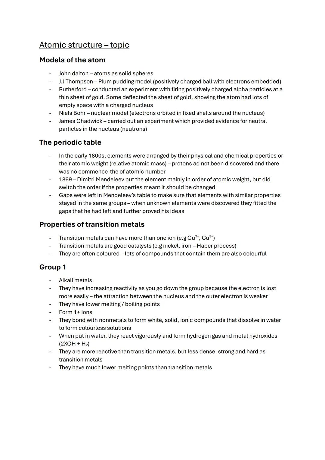Atomic structure - topic
Models of the atom
- John dalton - atoms as solid spheres
- J.J Thompson - Plum pudding model (positively charged b