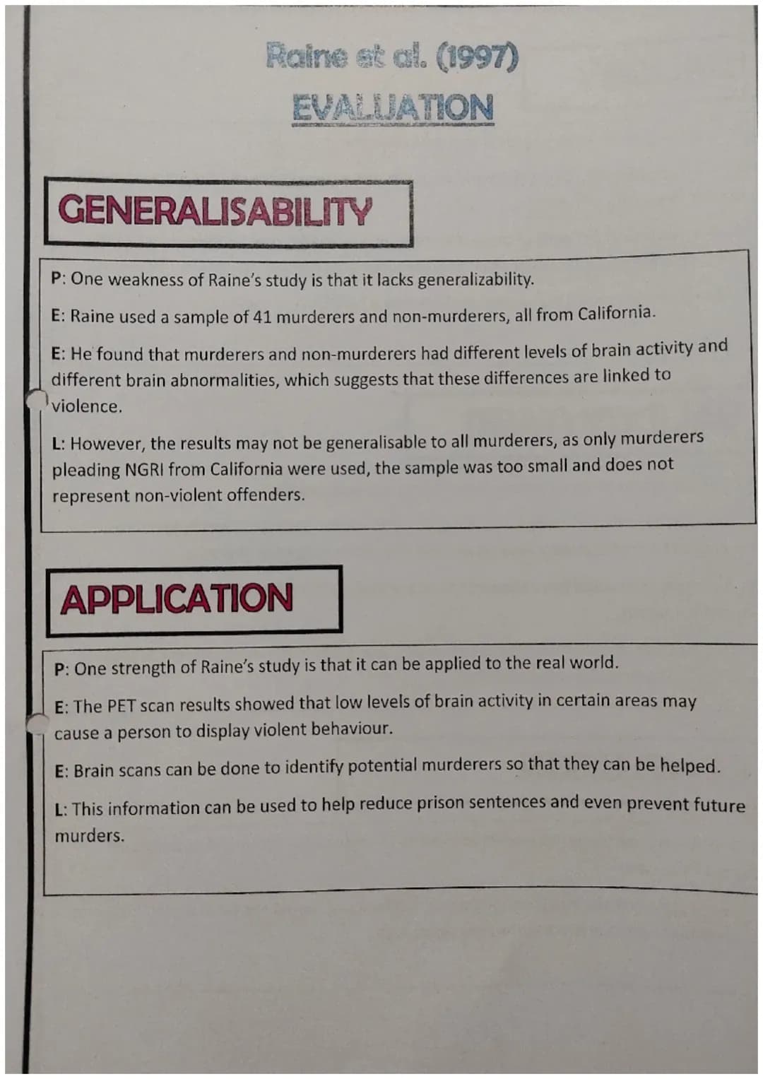 Raine et al. (1997)
EVALUATION
GENERALISABILITY
P: One weakness of Raine's study is that it lacks generalizability.
E: Raine used a sample o