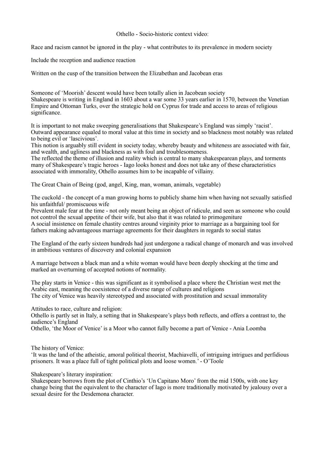 Othello - Socio-historic context video:
Race and racism cannot be ignored in the play - what contributes to its prevalence in modern society