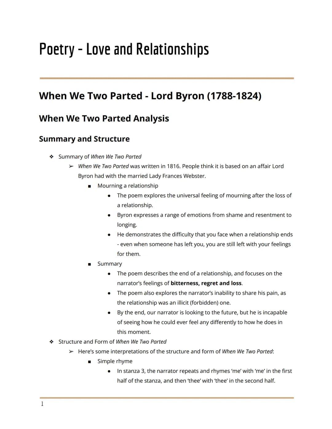Poetry - Love and Relationships
When We Two Parted - Lord Byron (1788-1824)
When We Two Parted Analysis
Summary and Structure
1
Summary of W