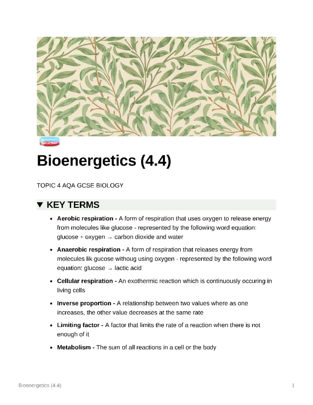 AQA GCSE Biology Higher Bioenergetics Notes, Questions & Answers PDF