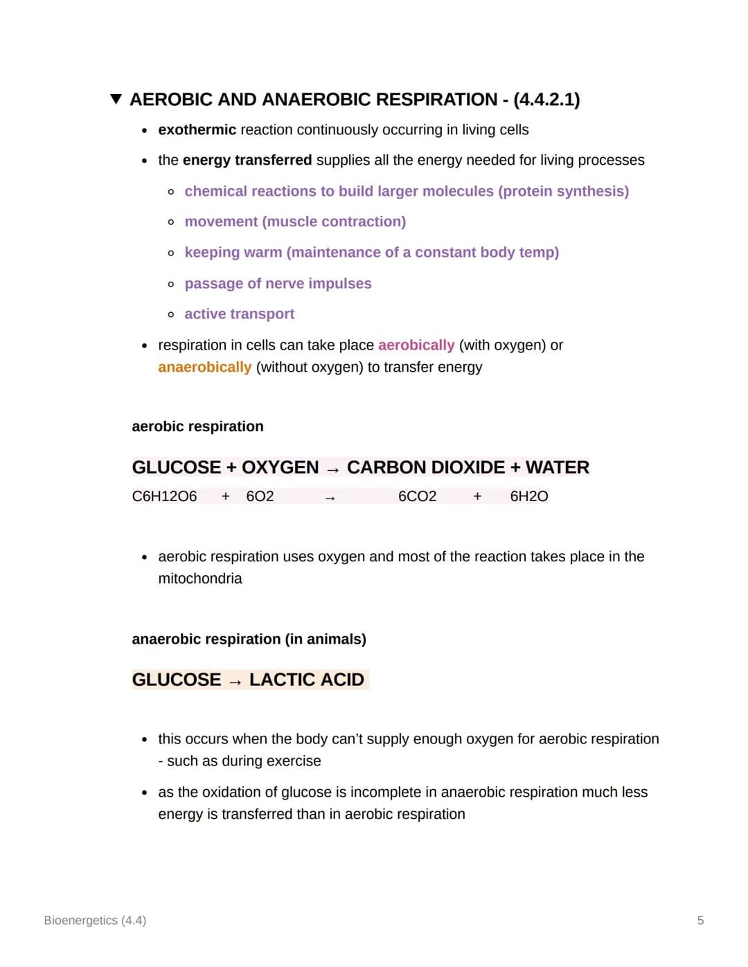 Bioenergetics (4.4)
TOPIC 4 AQA GCSE BIOLOGY
▼ KEY TERMS
• Aerobic respiration - A form of respiration that uses oxygen to release energy
fr