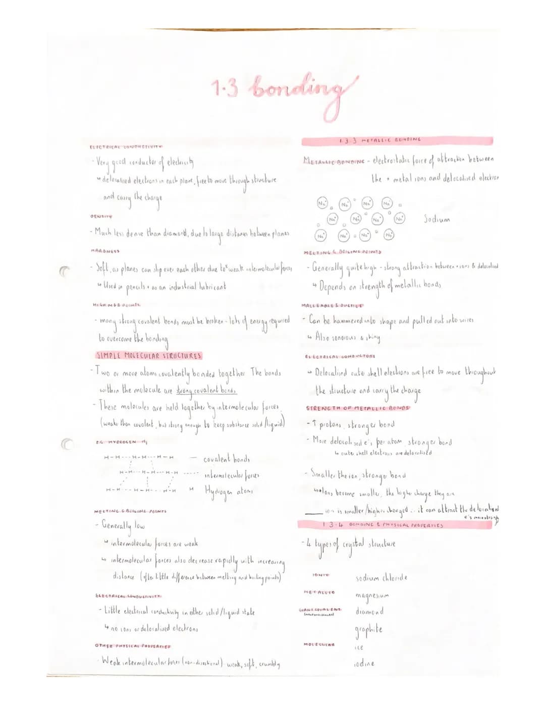 1.3.1 Tonic bonding
LONTE BONO-electrostatic force of attraction between oppositely
ions in a lattice
METALS
charged
- always love elections