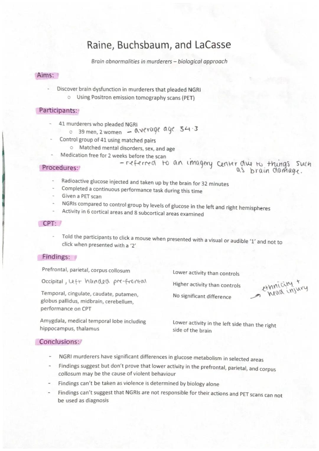 Aims:
Participants:
Discover brain dysfunction in murderers that pleaded NGRI
o Using Positron emission tomography scans (PET)
CPT:
Raine, B