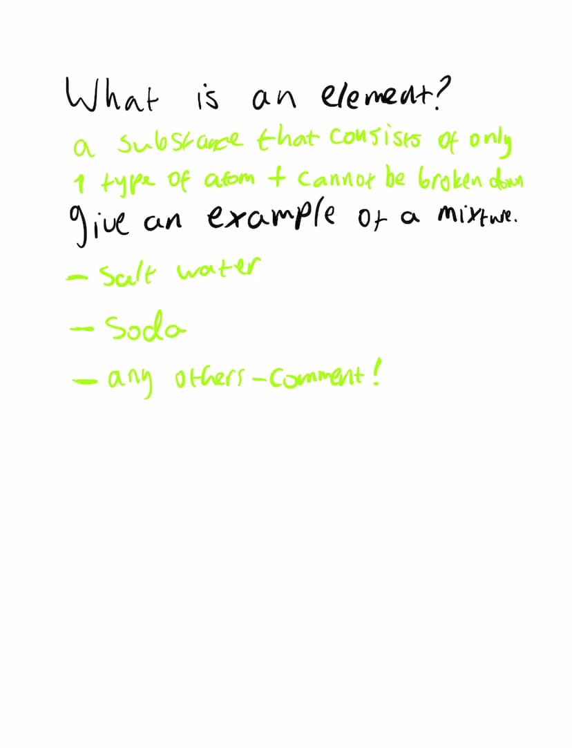 Atoms, elements, compounds and
mixtures.
atom- Smallest part of an element
that can exist.
element- a Substance that consists
of only I type