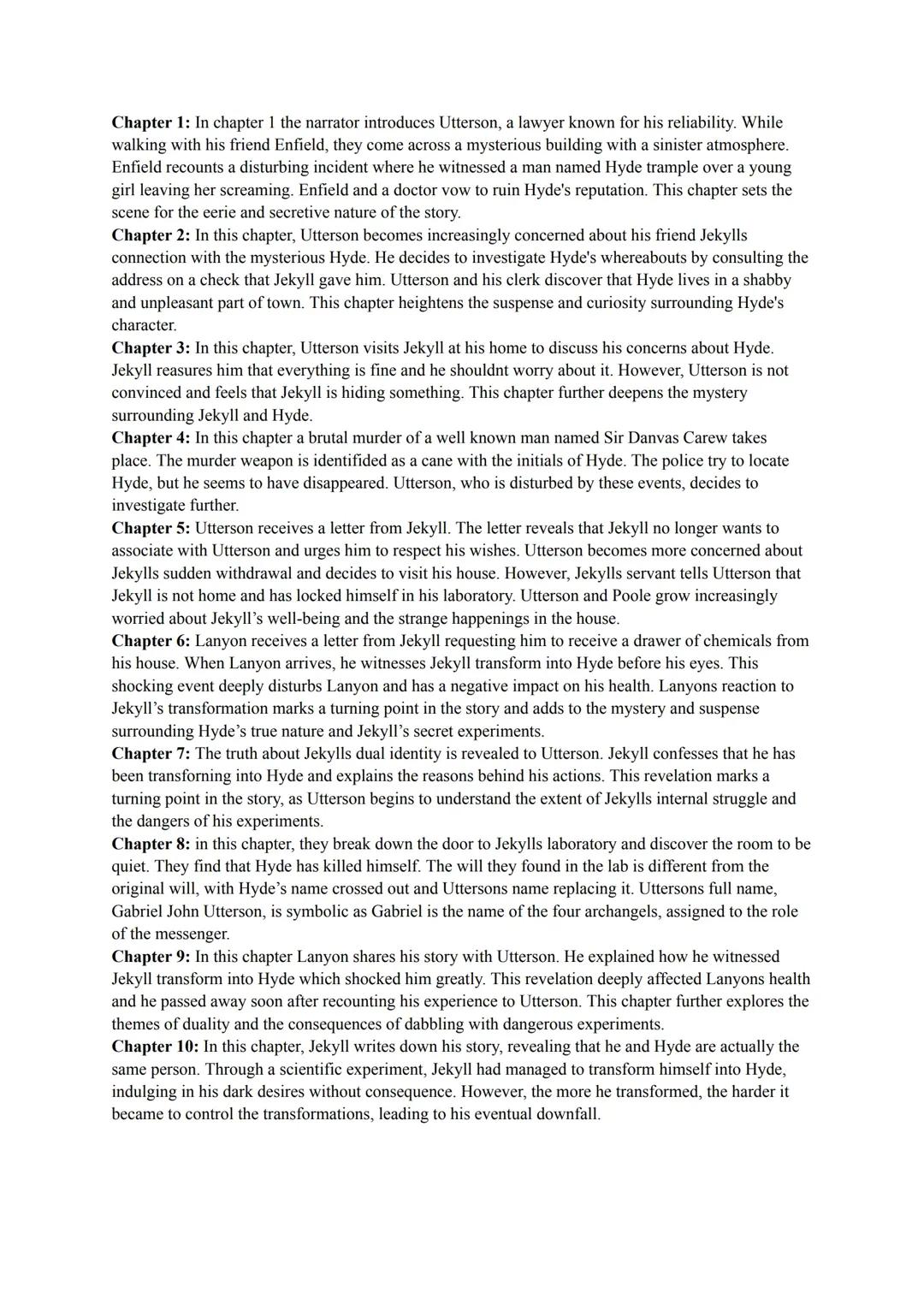 Summary of chapters 1-10 Jekyll and hyde