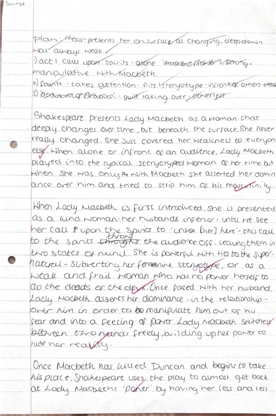 Saoirse
Plan: thesis-presents her on surface as changing, deep down
Was always weak...
1) act I calls upon spirits - alone ‘dangerous flower