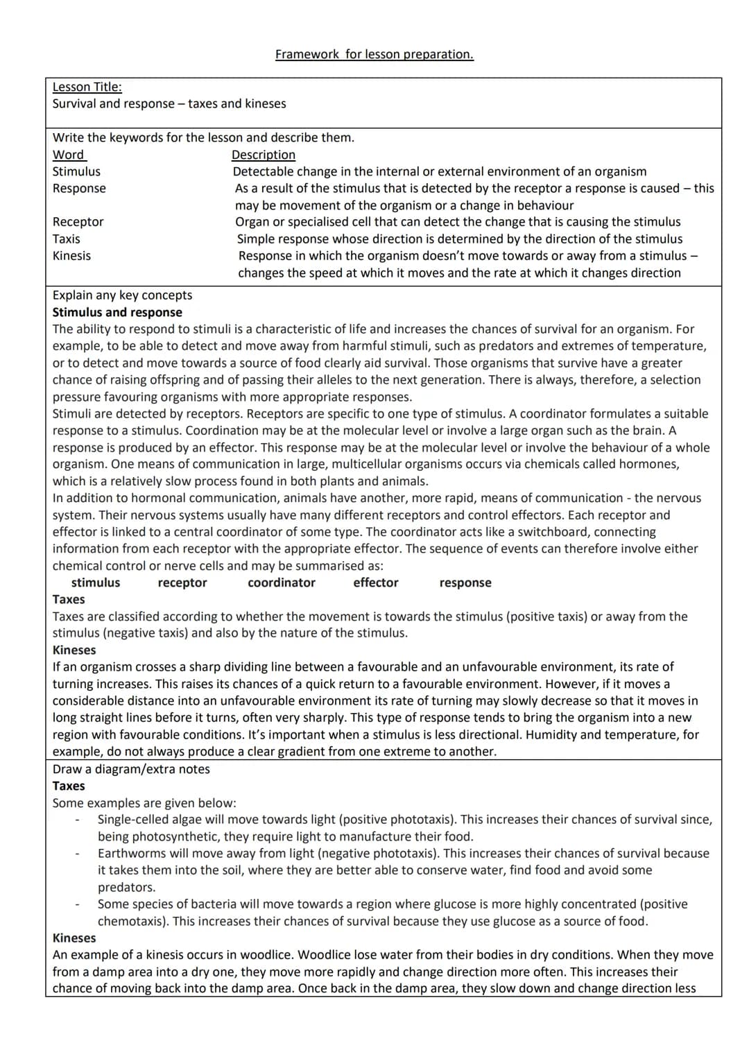 Framework for lesson preparation.
Lesson Title:
Survival and response - taxes and kineses
Write the keywords for the lesson and describe the