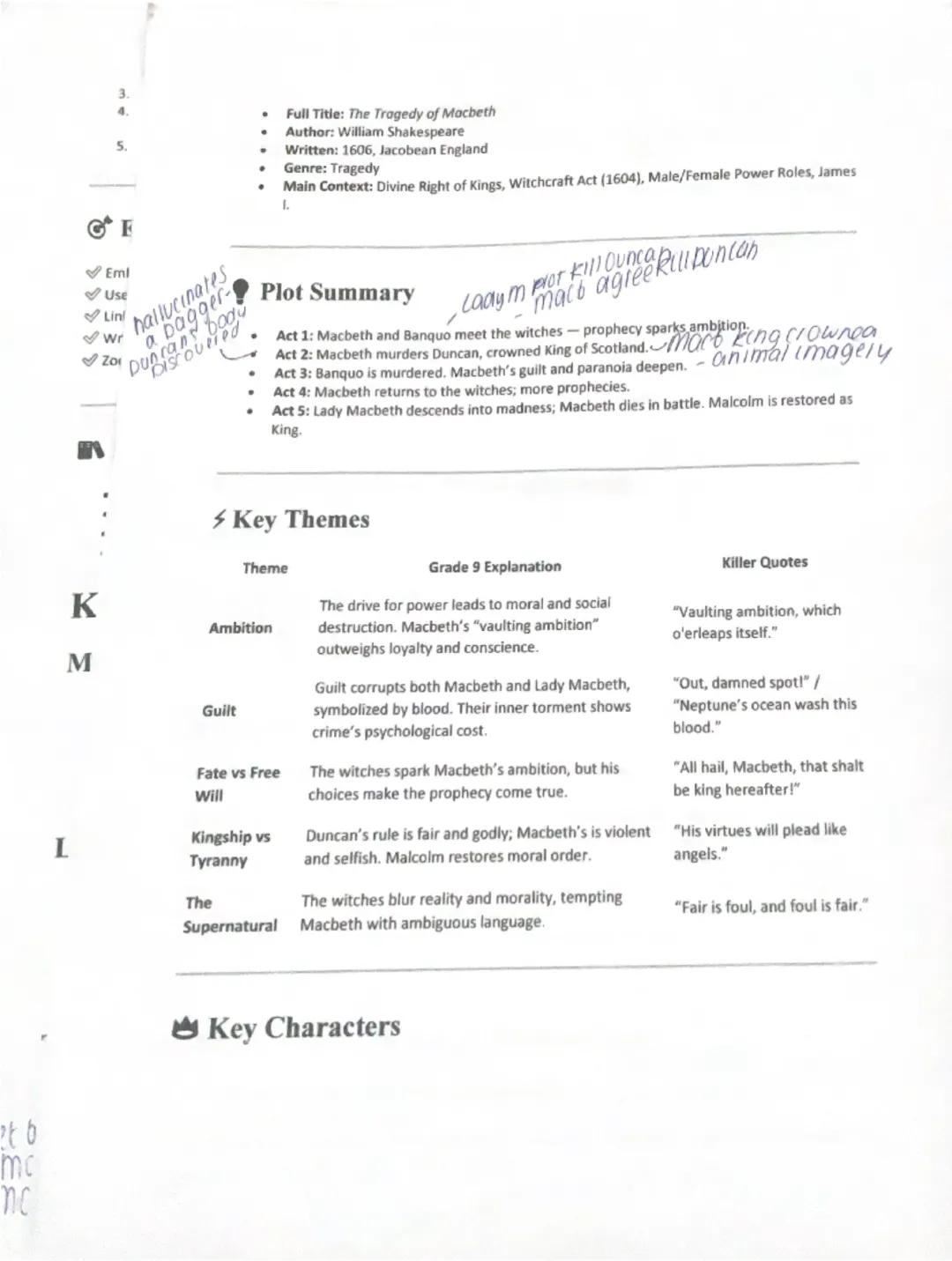 # Key Themes & Analysis Plans

## 1. Ambition

**Big Idea:** Shakespeare presents ambition as a destructive and morally corrupting force.
Ma