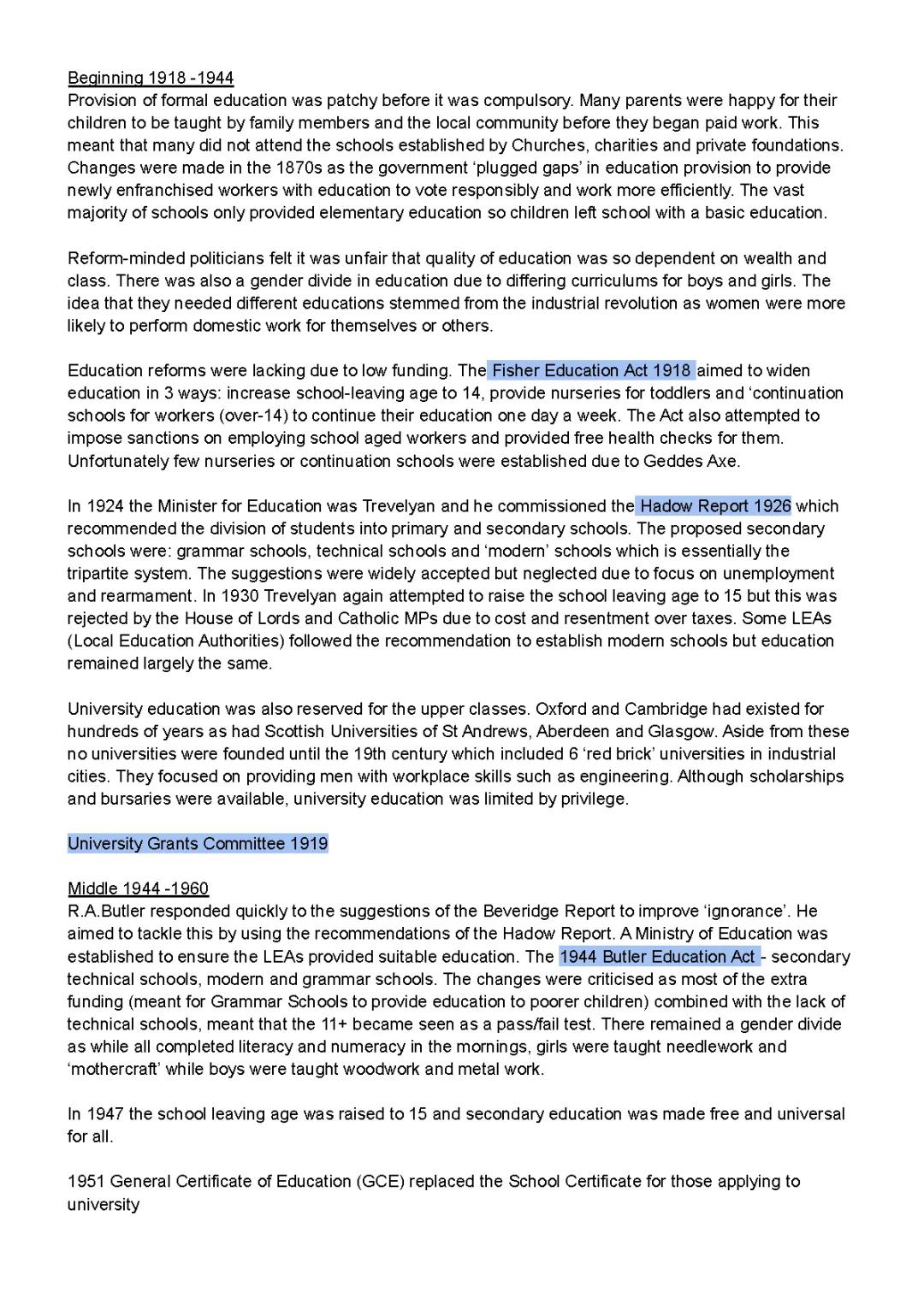 Britain's Transformation: Education Notes from 1918 to 1979