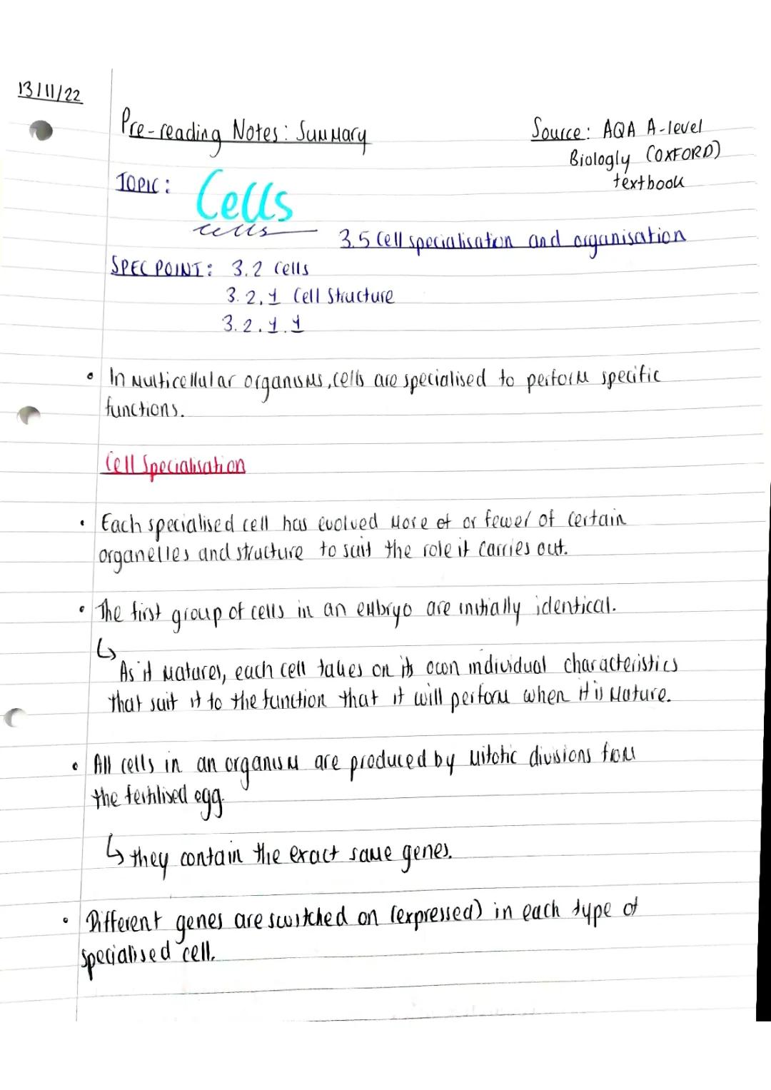 A level Biology: Cell specialisation and Organisation 