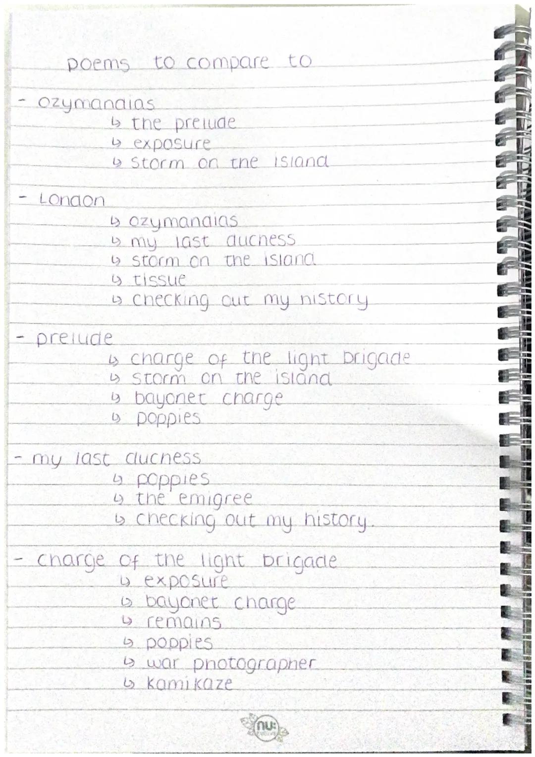 poems to compare to
- Ozymandias
	↳ the prelude.
	↳ exposure
	↳ Storm on the island.
- London
	↳ Ozymandias
	↳ my last duchess.
	↳ storm on 