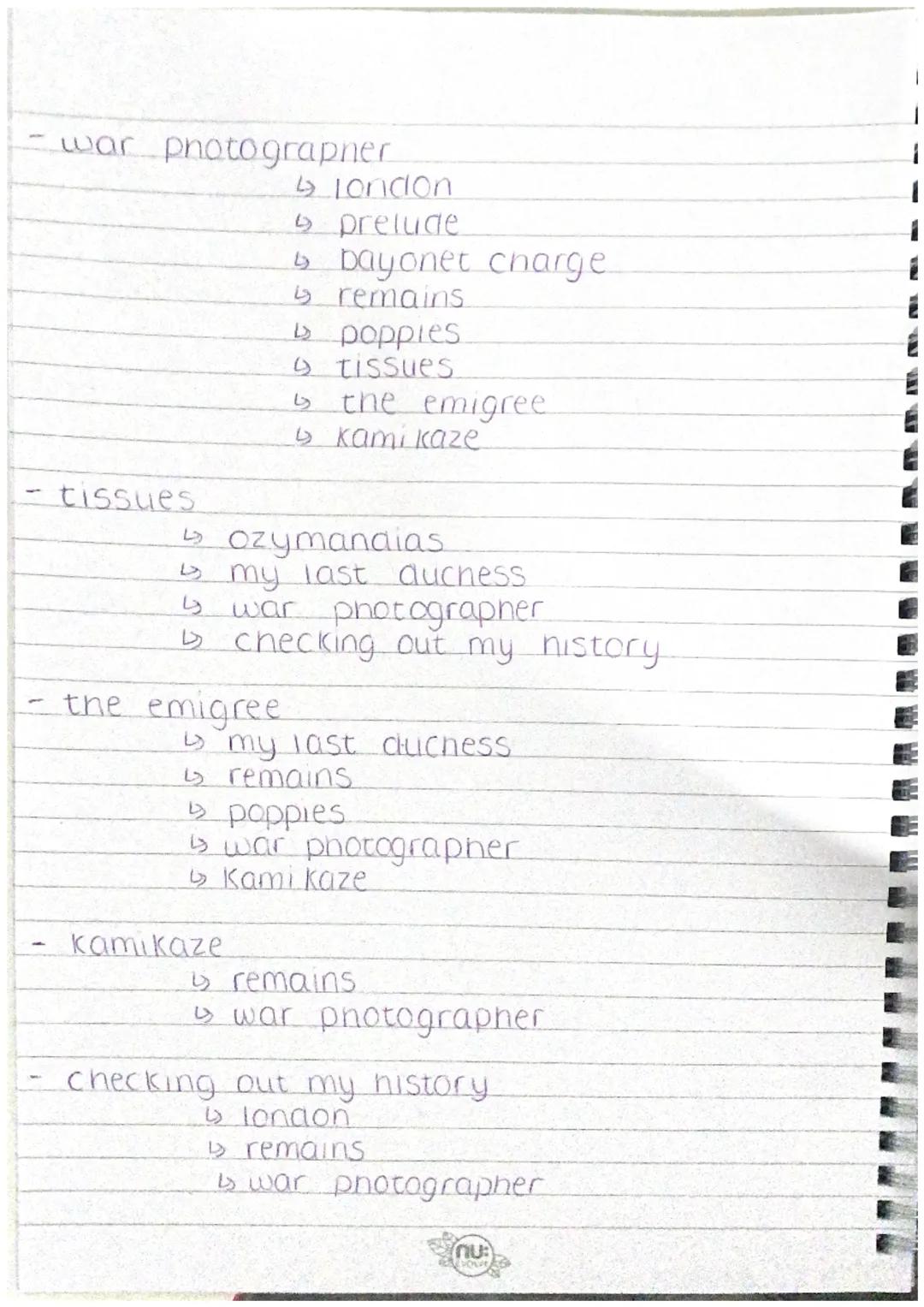 poems to compare to
- Ozymandias
	↳ the prelude.
	↳ exposure
	↳ Storm on the island.
- London
	↳ Ozymandias
	↳ my last duchess.
	↳ storm on 
