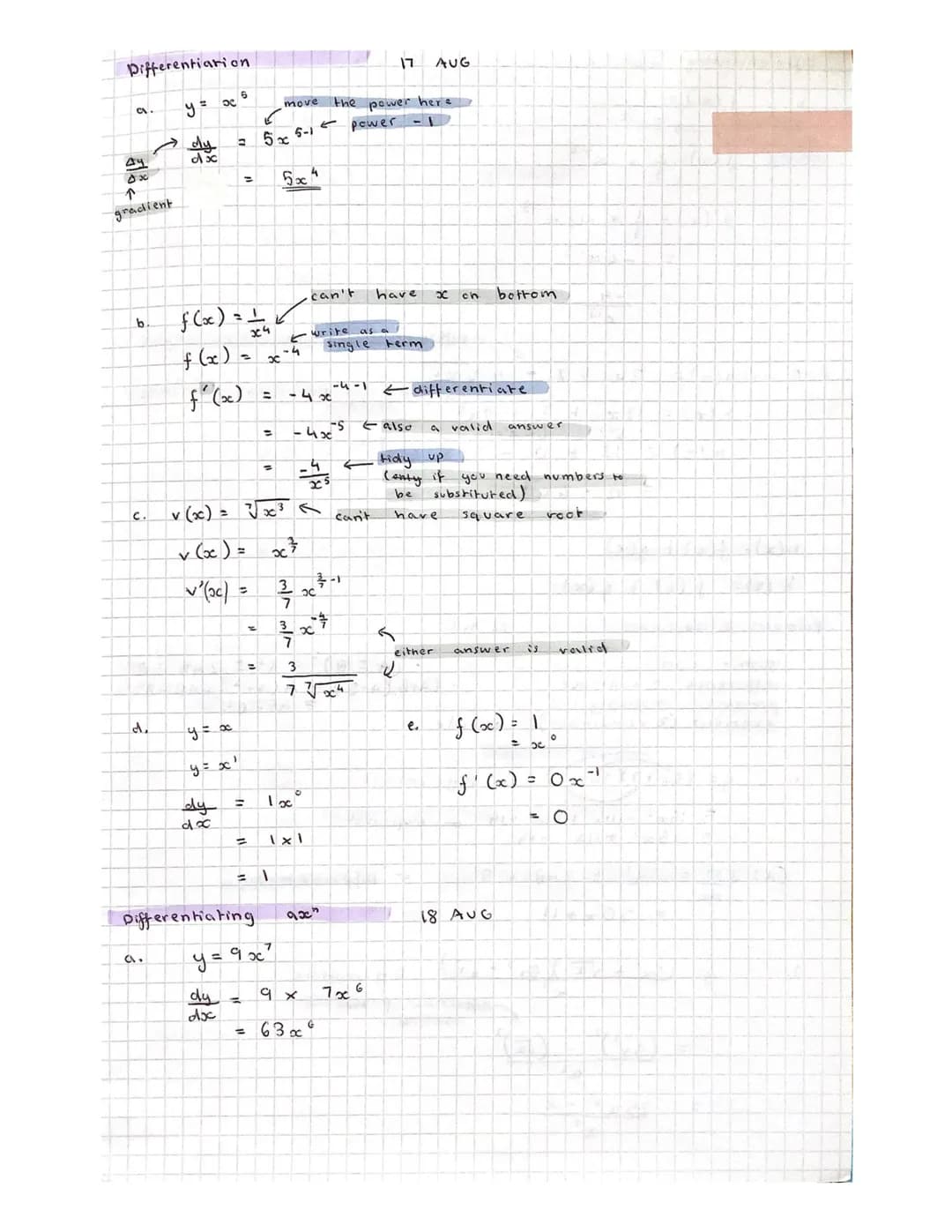 Differentiation
a.
Ay
4x
↑
gradient
b.
C
2
y =
a.
dy
dx
ද
y = x
y = x¹
dy
dx
6
=
f (x ) = 1
x4
f(x) = x-4
dy
doc
=
1
Differentiating
v (x) =