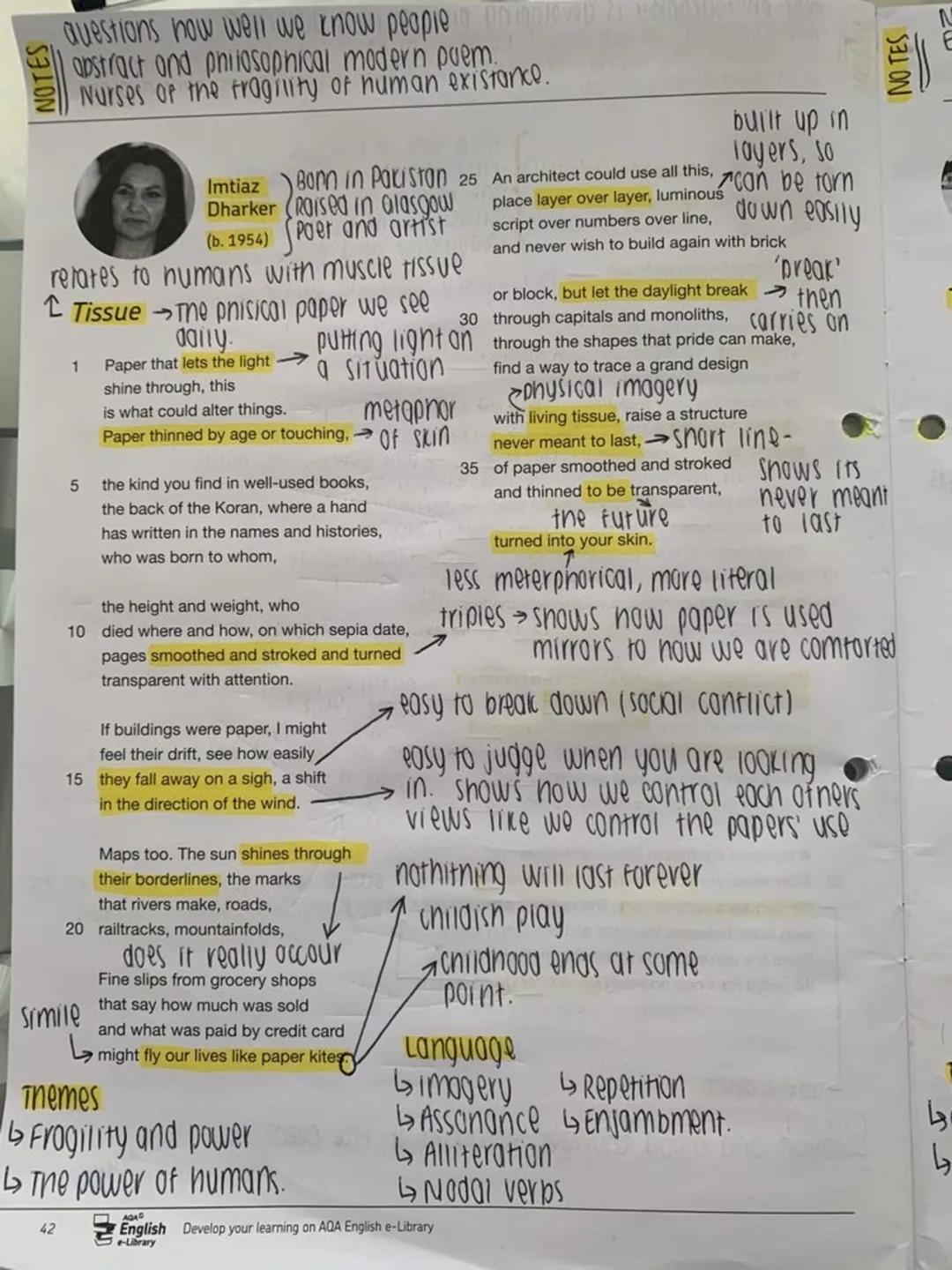 Tissue Poem Analysis PDF for GCSE - Annotated & Easy