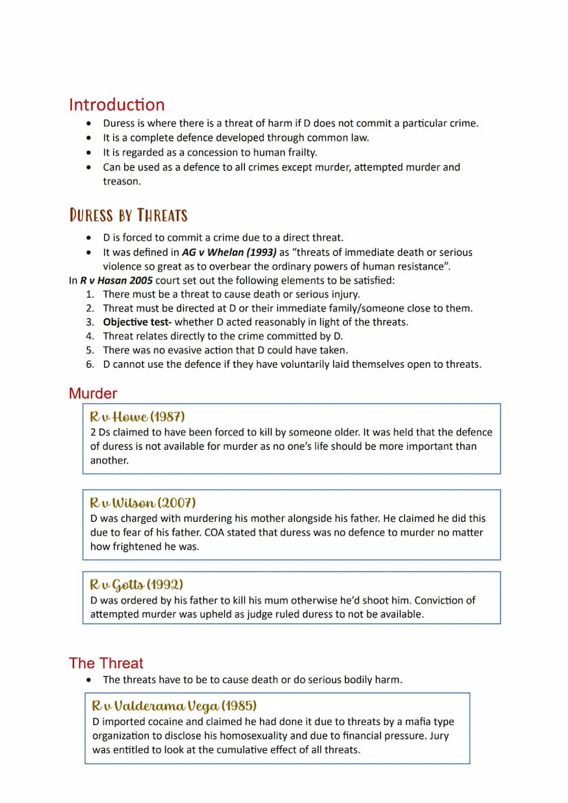 Criminal
Defences:
Duress Introduction
Duress is where there is a threat of harm if D does not commit a particular crime.
• It is a complete