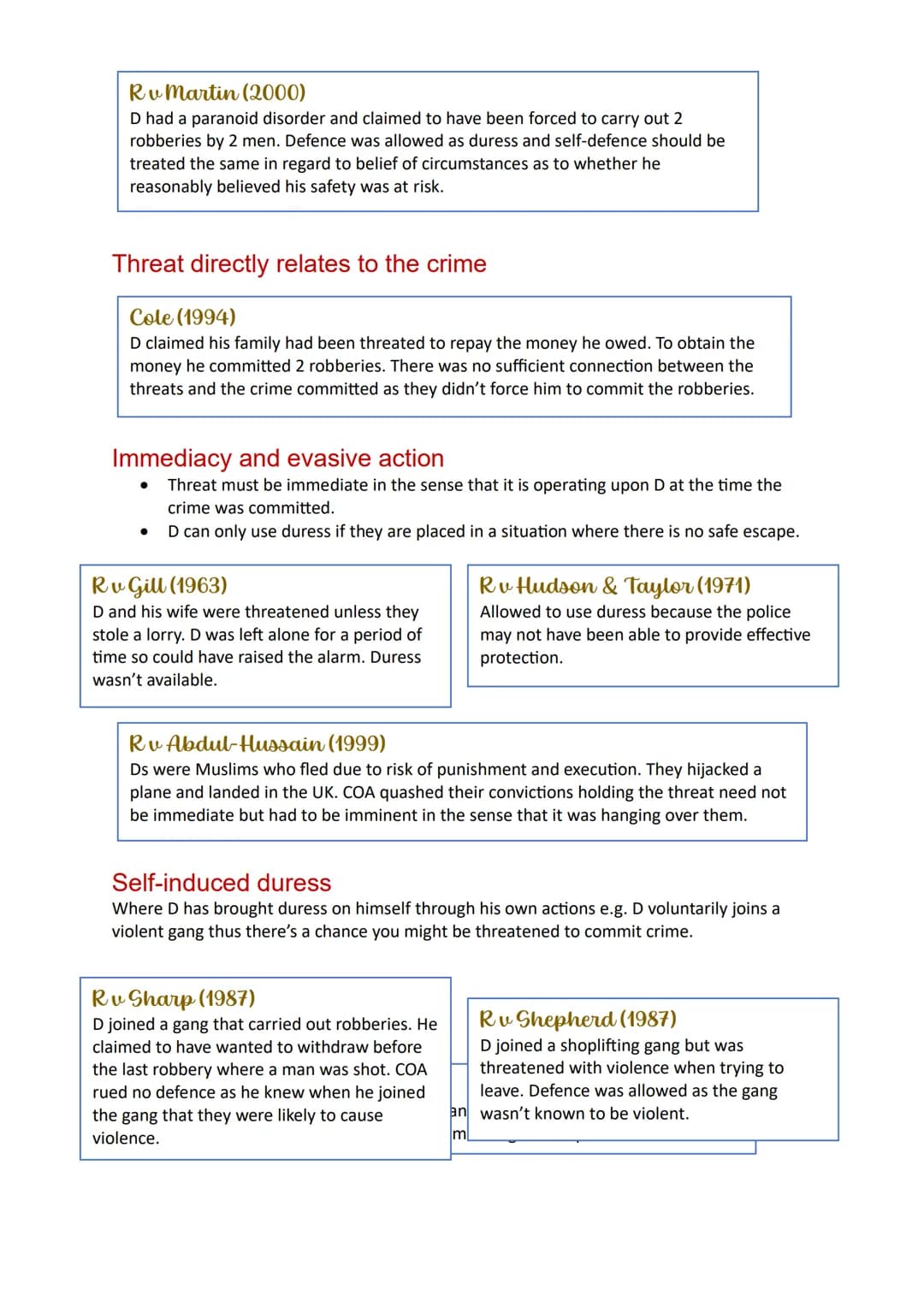 Criminal
Defences:
Duress Introduction
Duress is where there is a threat of harm if D does not commit a particular crime.
• It is a complete