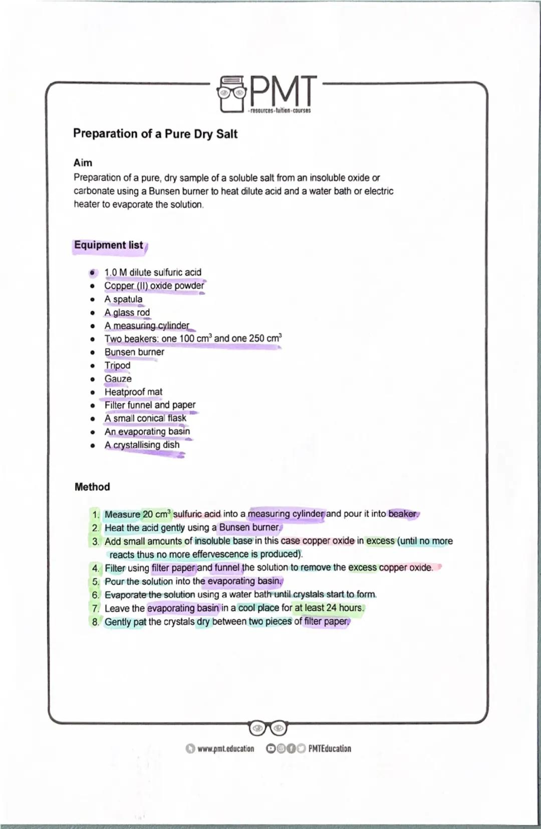 PMT
-resources-tuition-courses
AQA Chemistry GCSE
Required Practical 1
Making Salts
Methods taken from the AQA Required Practical Handbook
w