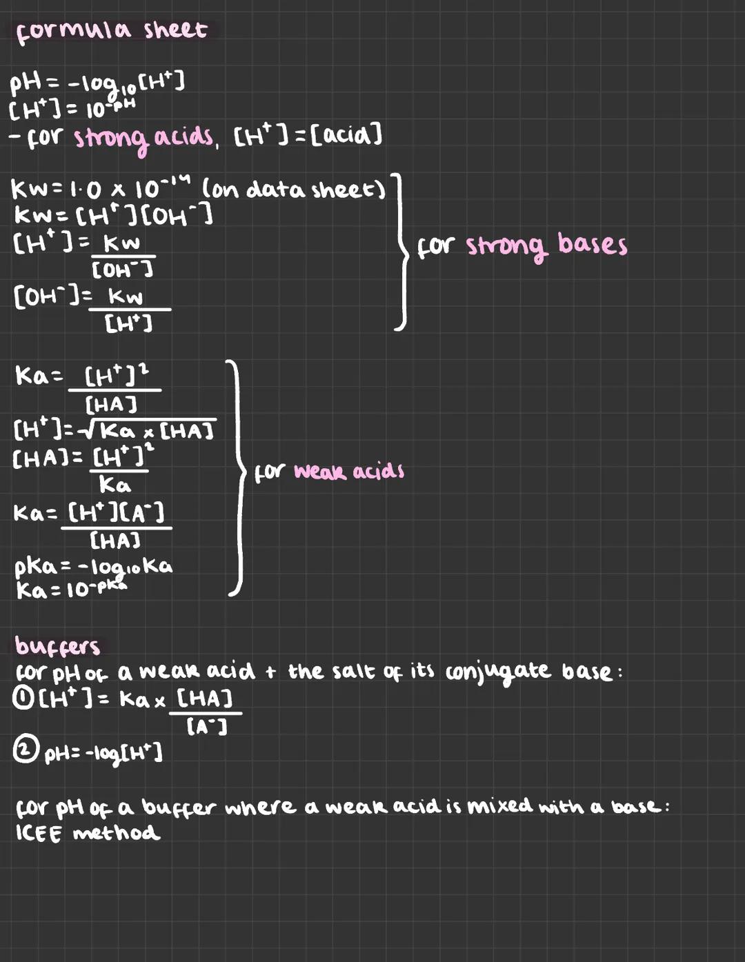 formula sheet
pH = -log₁0 [H+]
CHI 10H
- for strong acids, [H*] = [acid]
-
kw=1-0 × 10- (on data sheet)
kw=[H] [OH-]
[H*] = kw
[OH-]
[OH-] =