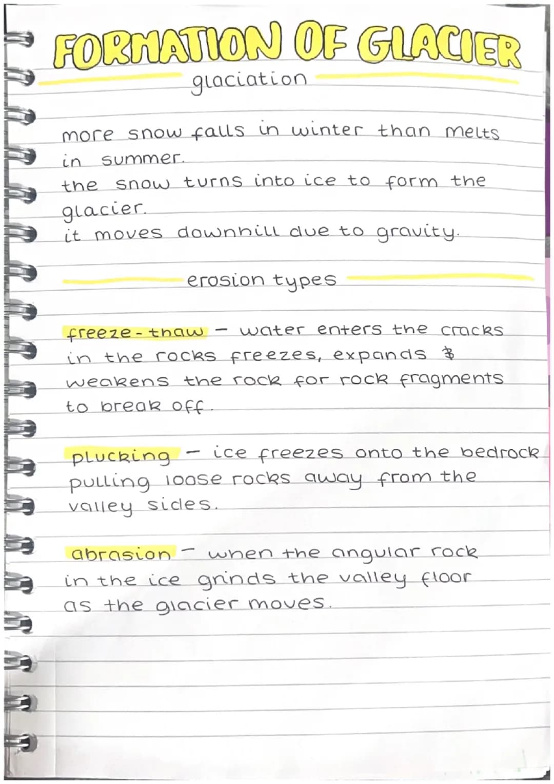 FORMATION OF GLACIER
glaciation
more snow falls in winter than melts.
in
summer.
the snow turns into ice to form the
glacier.
it moves downh
