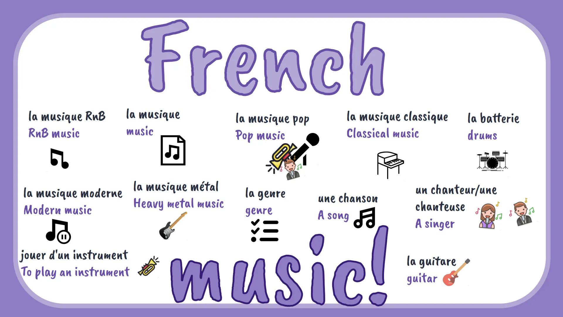 French

la musique RnB
RnB music

la musique
music

la musique pop
Pop music

la musique classique la batterie
Classical music
drums
.....
D