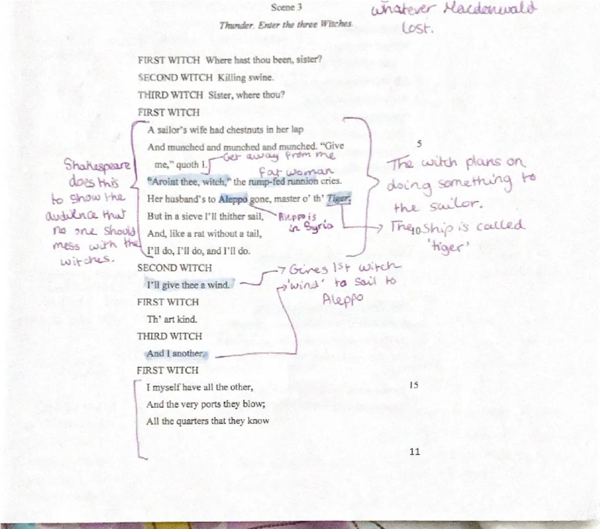 Scene 3
Thunder. Enter the three Witches.
FIRST WITCH Where hast thou been, sister?
SECOND WITCH Killing swine.
Whatever Macdonwald
Lost.
TH
