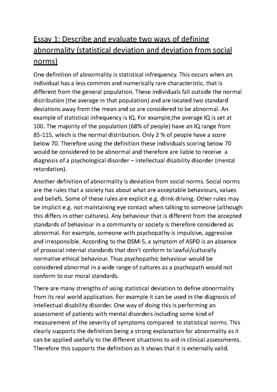 AQA Psychology A-level, Psychopathology, Essay 1: Describe and evaluate two ways of defining abnormality (deviation from social norms and statistical infrequency/deviation)