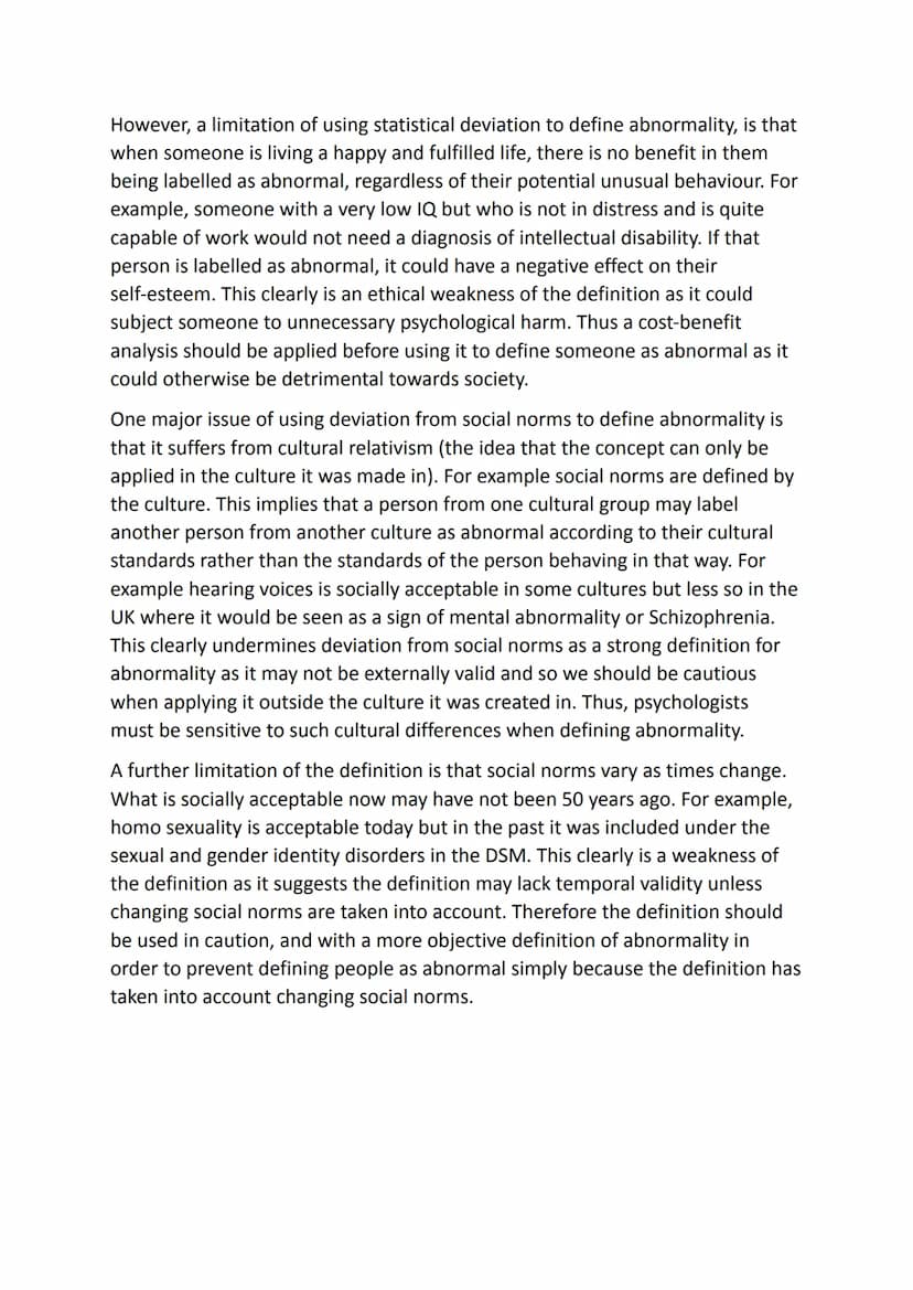 Essay 1: Describe and evaluate two ways of defining
abnormality (statistical deviation and deviation from social
norms)
One definition of ab