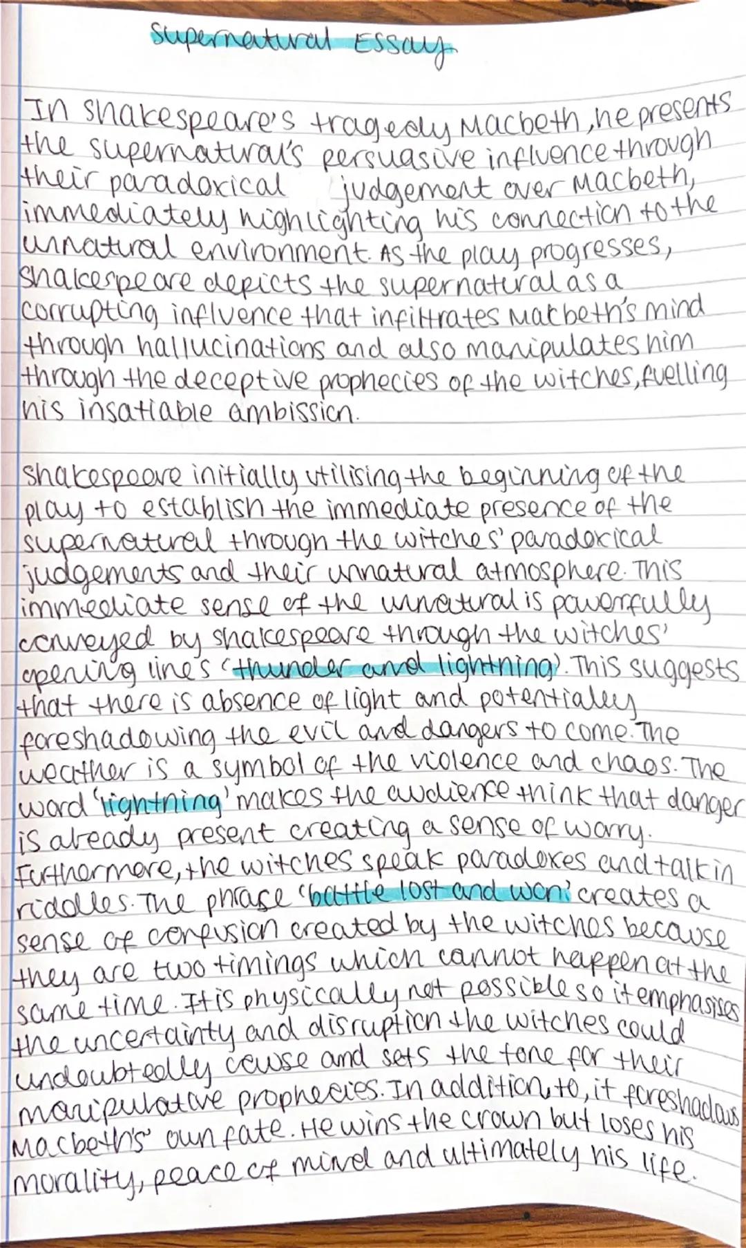 Supernatural Essay
In shakespeare's tragedy Macbeth, he presents
the supernatural's persuasive influence through
their paradoxical judgement