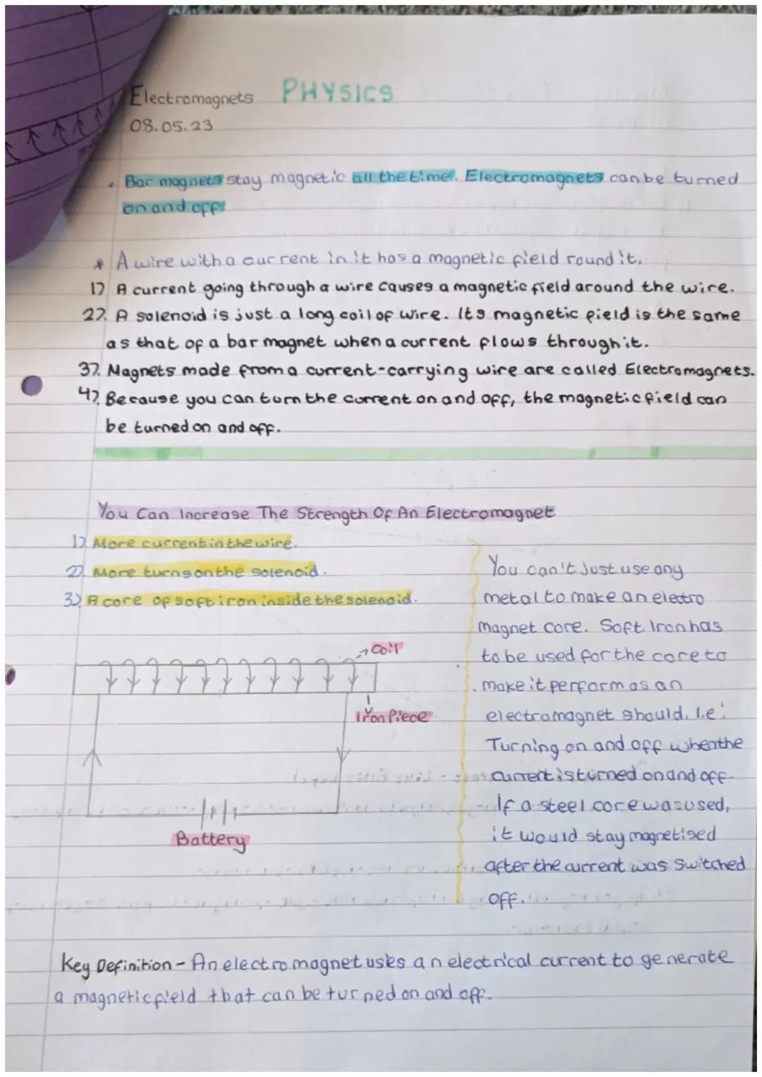 Electromagnets PHYSICS
08.05.23
Bar magnets stay magnetic all the time. Electromagnets can be turned.
on and offe
* A wire with a current in
