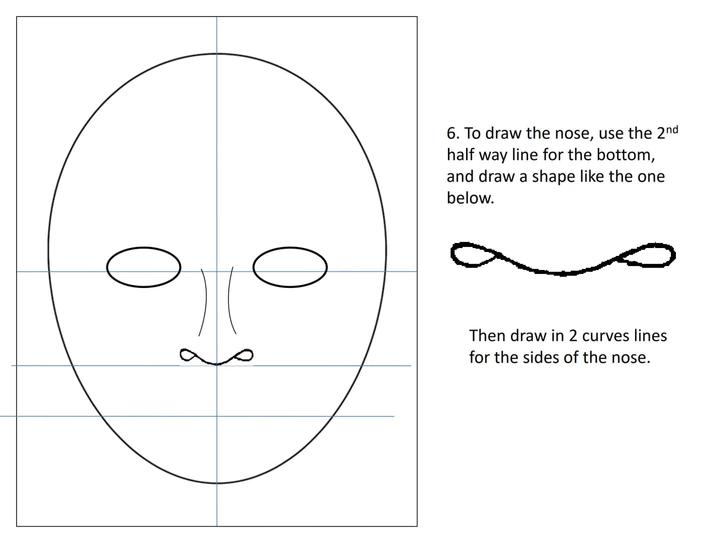 Drawing a human face
Practise exercises for you to do at
home 1.draw an upside down egg
shape. 2. Divide the face into quarters
3. Divide th
