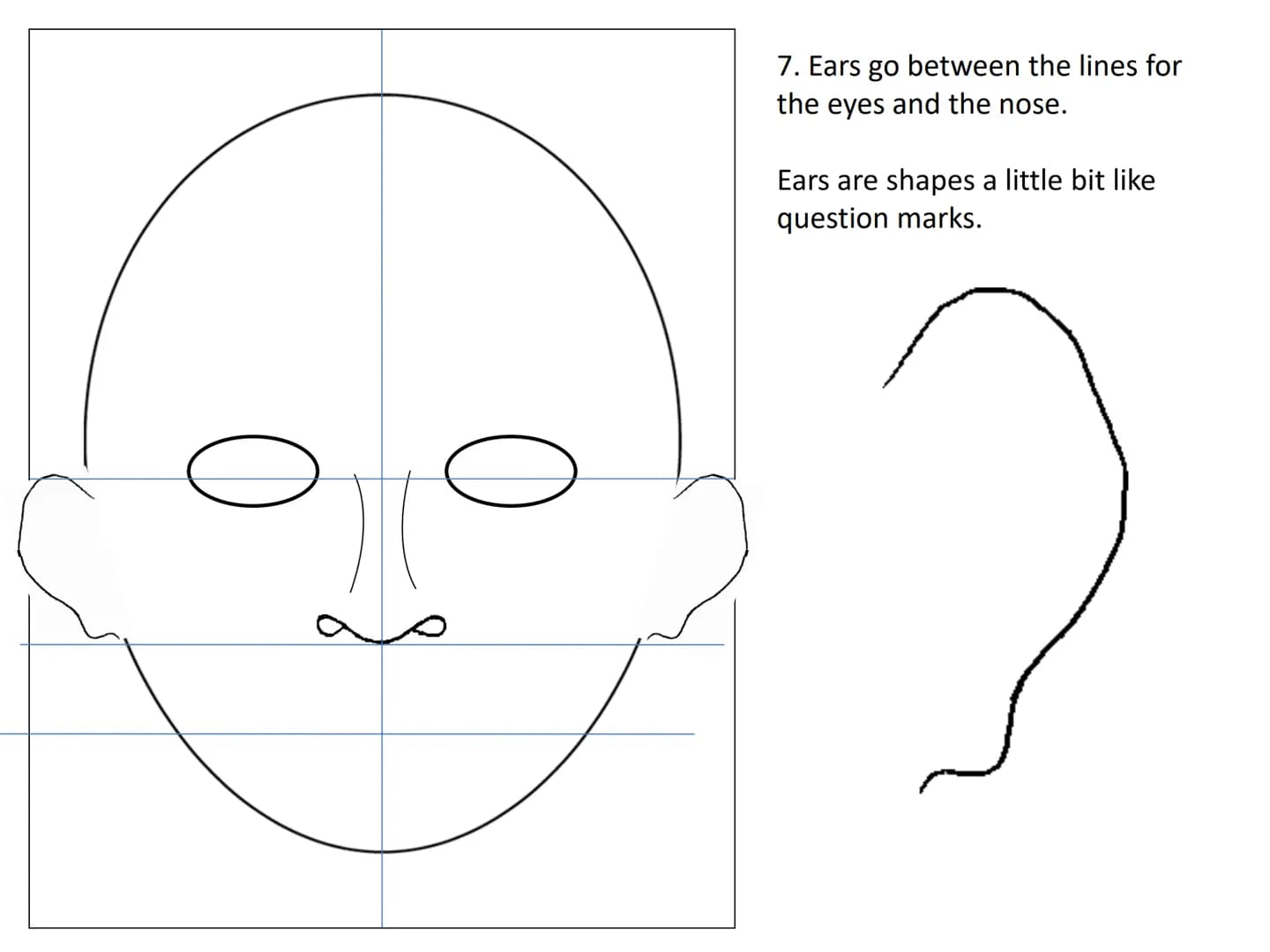 Drawing a human face
Practise exercises for you to do at
home 1.draw an upside down egg
shape. 2. Divide the face into quarters
3. Divide th