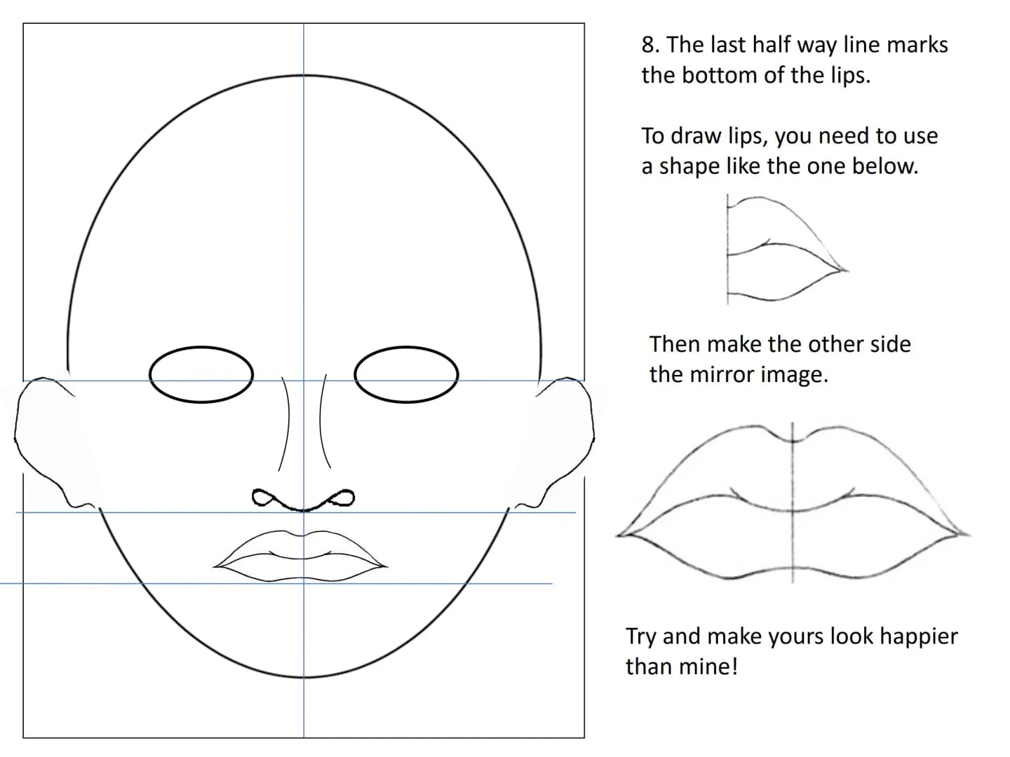 Drawing a human face
Practise exercises for you to do at
home 1.draw an upside down egg
shape. 2. Divide the face into quarters
3. Divide th