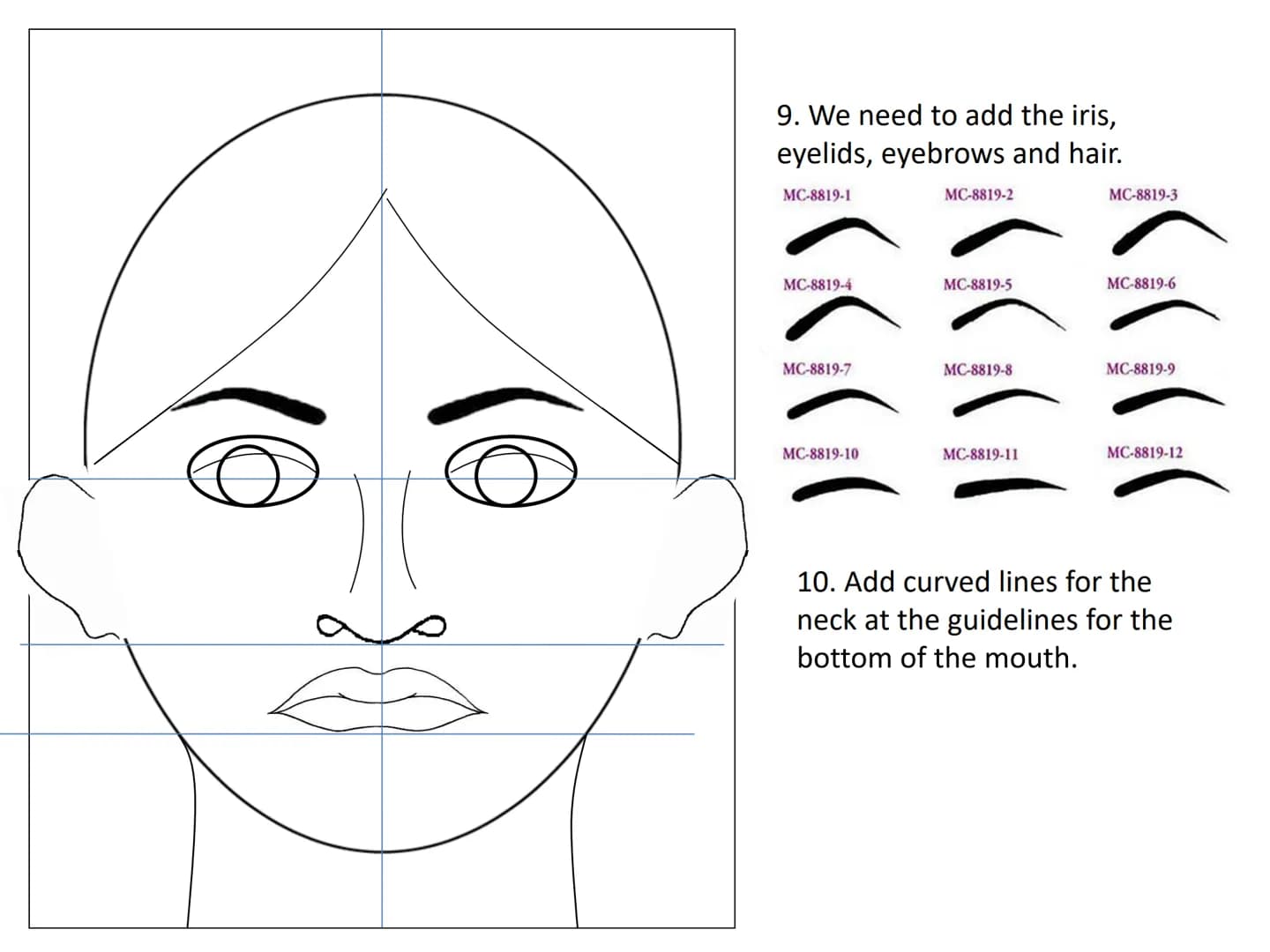 Drawing a human face
Practise exercises for you to do at
home 1.draw an upside down egg
shape. 2. Divide the face into quarters
3. Divide th