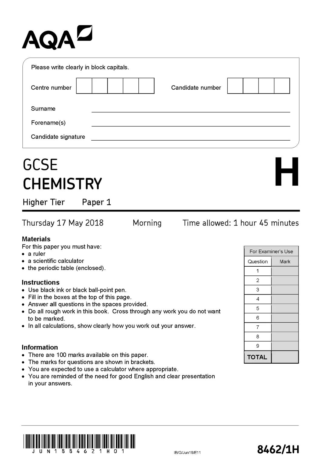 chemistry paper 1 2018