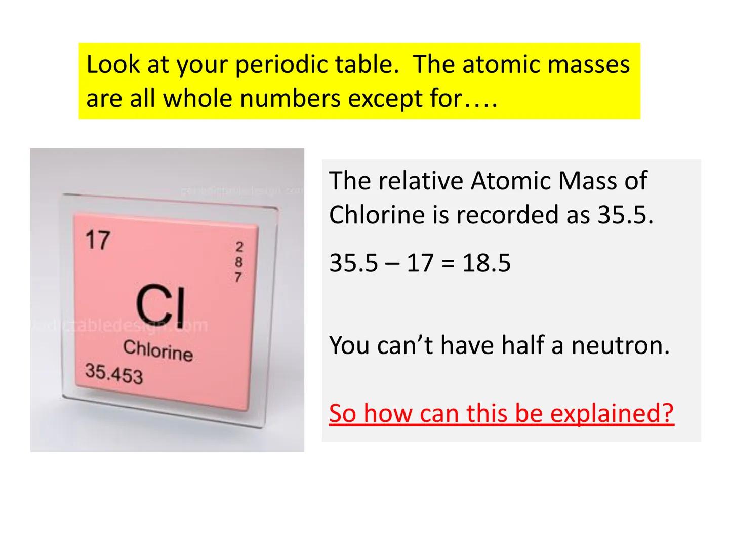 c/w 5.1.1.6 Relative atomic mass
LOS: To be able to:
Explain how the existence of isotopes results in relative
atomic masses of some element