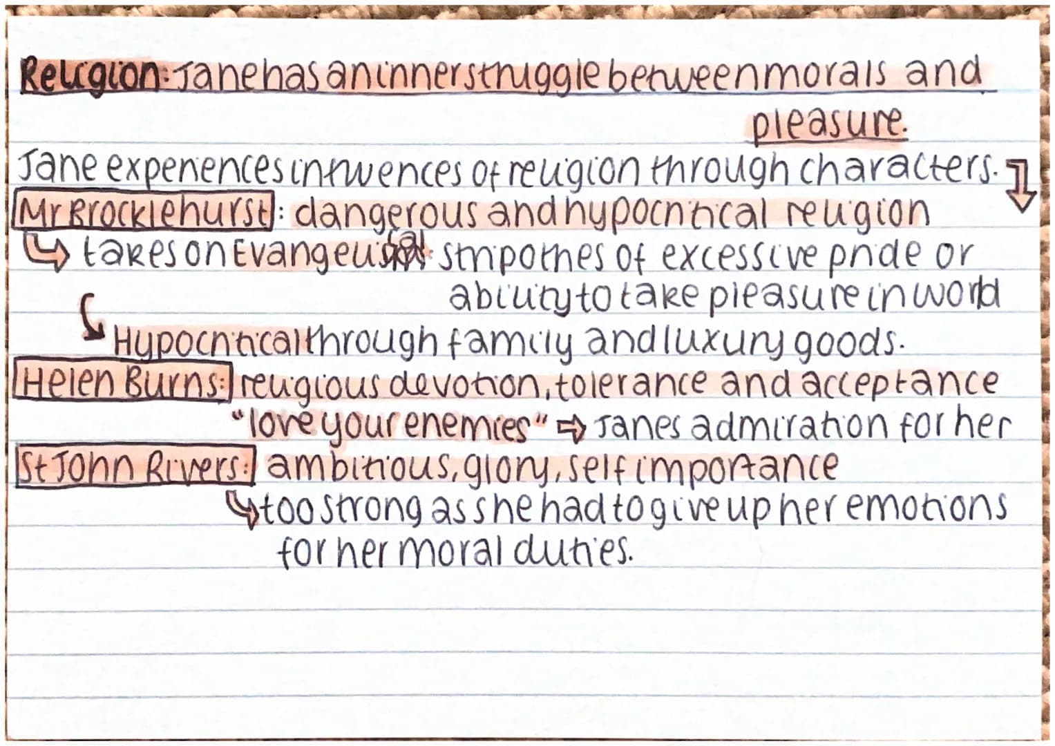 Religion: Jane has an innerstruggle between morals and
pleasure.
Jane experiences intwences of religion through characters. T
Mr Brocklehurs