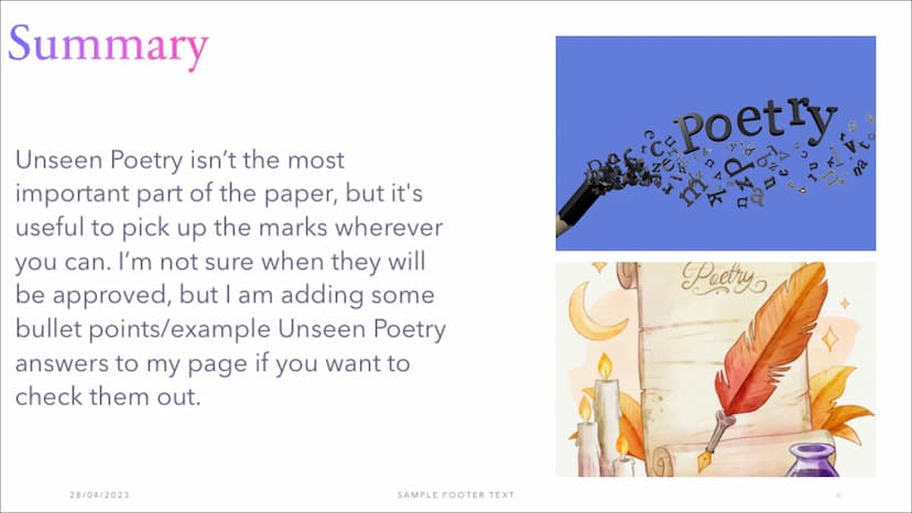 Top Tips for Unseen
Poetry Introduction
Unseen Poetry is the last section in English
Literature paper 2. It is worth less marks than the
oth