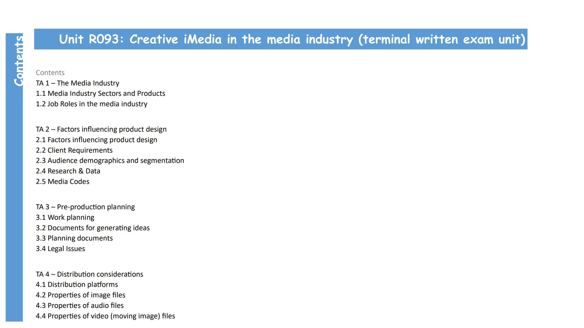 --- OCR Start ---
Contents
Unit R093: Creative iMedia in the media industry (terminal written exam unit)
Contents
TA 1 - The Media Industry
