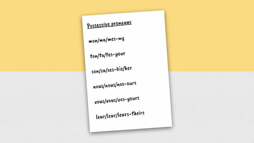 French grammar
Gcse aga Possessive pronouns
mon/ma/mes-my
ton/ta/tes-your
son/sa/ses-his/her
nous/nous/nos-ours
vous/vous/vos-yours
leur/leu