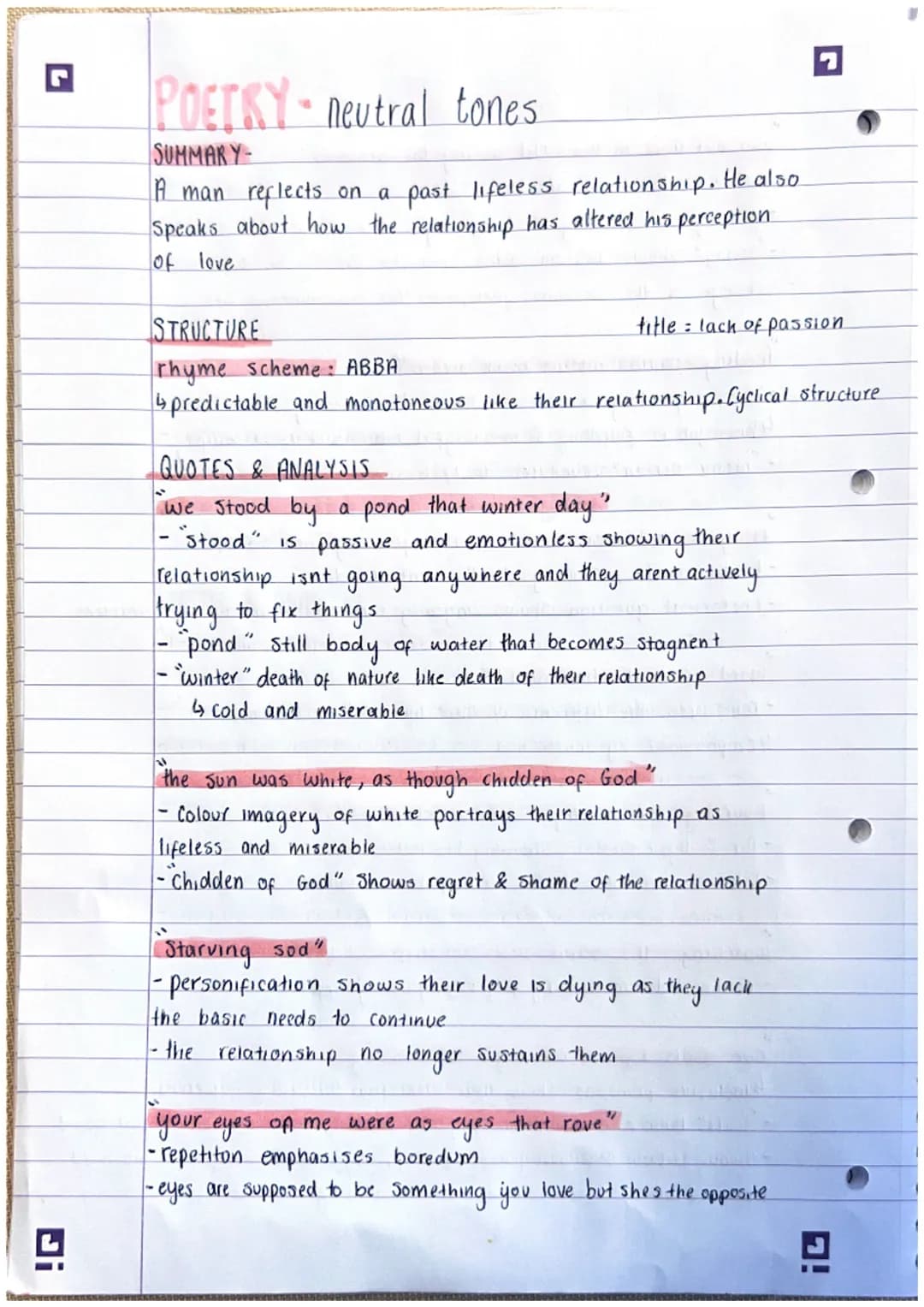 G
ป
POETRY - neutral tones.
SUMMARY
A man reflects on a past lifeless relationship. He also
Speaks about how the relationship has altered hi
