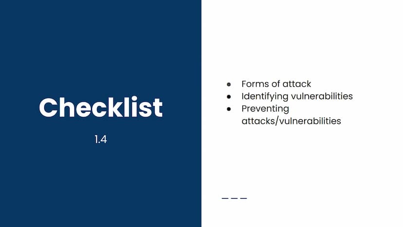 OCR GCSE J277 1.4
Summary: Attacks & Prevention Checklist
1.4
Forms of attack
Identifying vulnerabilities
Preventing
attacks/vulnerabilities
