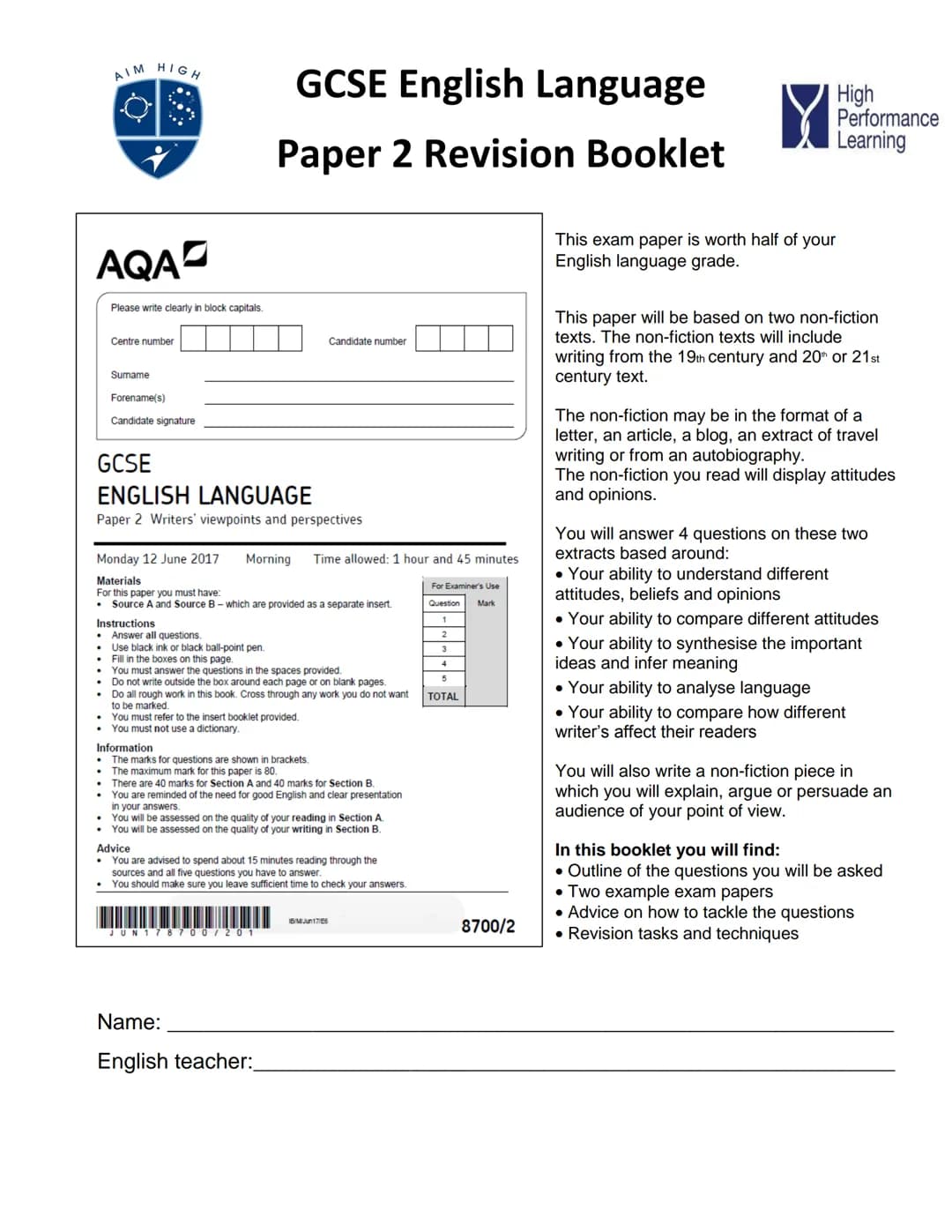 AIM HIGH
AQA
Please write clearly in block capitals.
Centre number
Sumame
Forename(s)
Candidate signature
GCSE
ENGLISH LANGUAGE
Paper 2 Writ