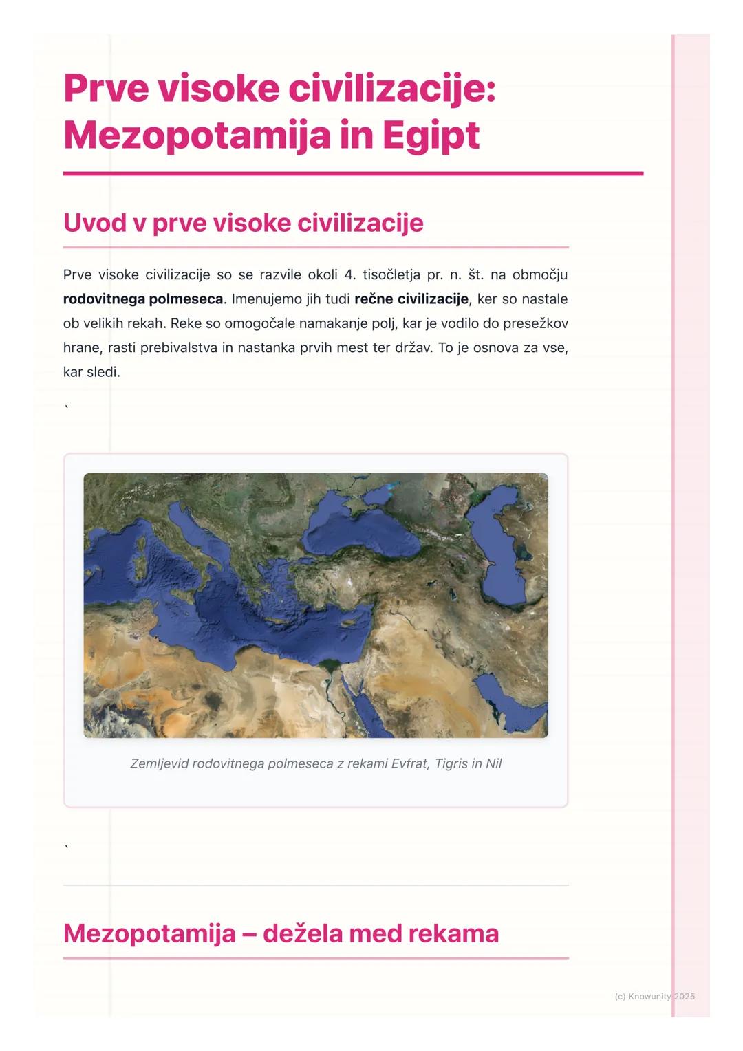 # Prve visoke civilizacije:
# Mezopotamija in Egipt

## Uvod v prve visoke civilizacije

Prve visoke civilizacije so se razvile okoli 4. tis